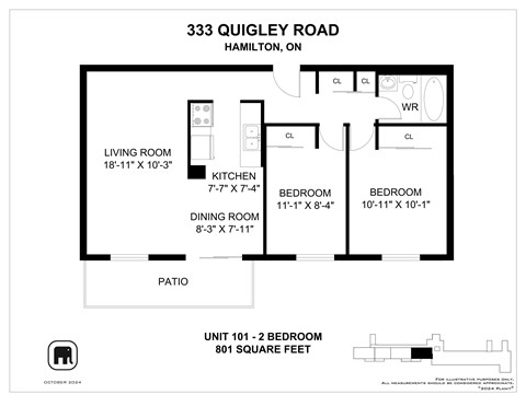 Floor plan for 2 beds, 1 bath, 777 sqft
